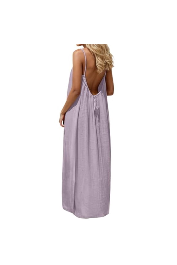 Women's Solid Color Backless Cami Dress - Flowing Pleated Summer Sundress with Tie Back - Sleeveless A-Line Vacation Beach Dress - Elegant Adjustable Strap Lounge Dress