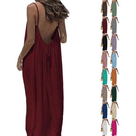 Women's Solid Color Backless Cami Dress, Womens Backless House Dress, Womens Long Dresses Adjustable