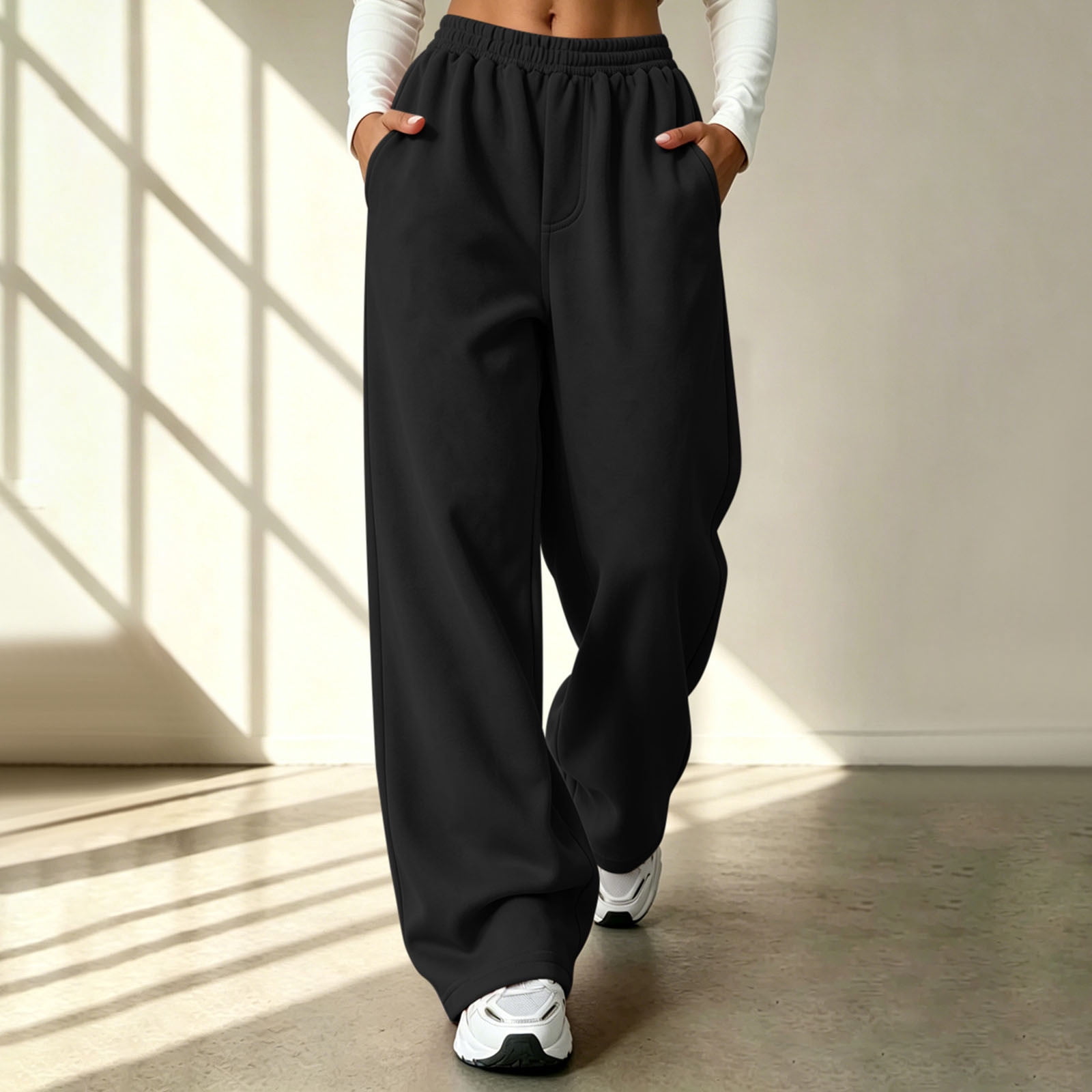 Women's Solid Color Baggy Wide Leg Sweatpants Elastic High Waist
