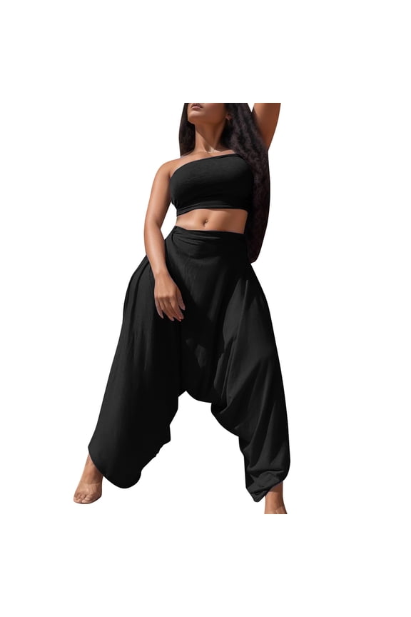 Women's Solid Color Bandeau Harem Pants Jumpsuit Set Black L