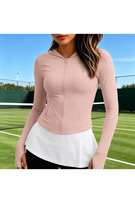 Women's Solid Color Basic Slim Fit Full Zip Hooded Crop Top, Summer Casual Long Sleeve Active Jacket, Summer Lightweight Jacket for Everyday Outdoor Sports or Street Wear Pink