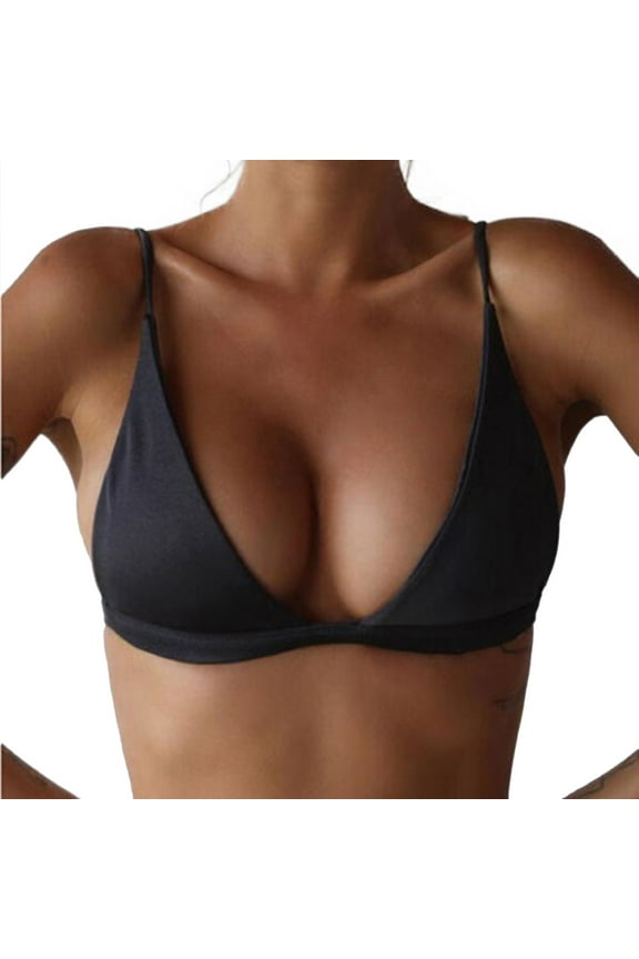 Women's Solid Color Bikini Top European Style Push Up Swimsuit Bra for Beach & Pool Wirefree Adjustable Triangle Bikini Top Black S