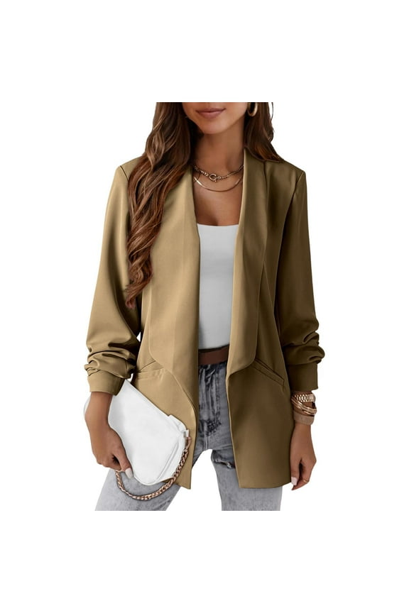 Women's Solid Color Blazer Jacket Coat for Business Casual Work Office Long Sleeve Lapel Open Front Suit Jacket with Pockets Fashion Essential Gift for Women | Aestivo,Khaki M