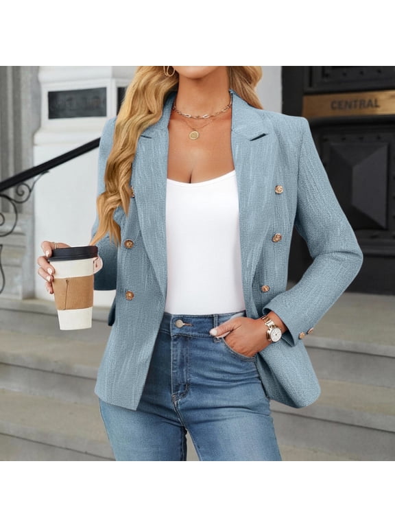 Women's Solid Color Blazer New Fashion Street Style Minimalist Fall Outerwear Light Blue S