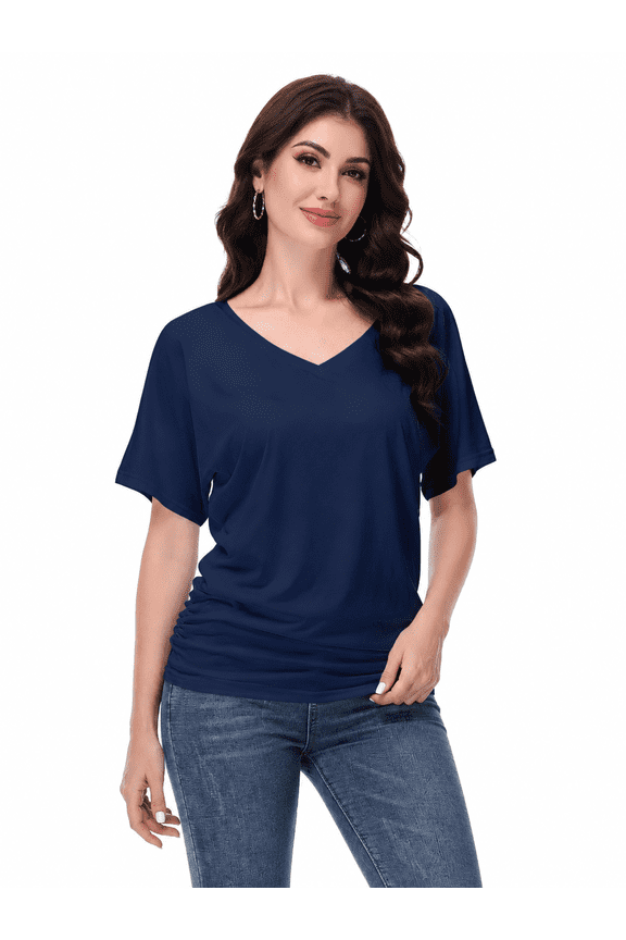 Women's Solid Color Boat Neck Dolman Short Sleeve Top With Side Shirring Casual Loose Tee