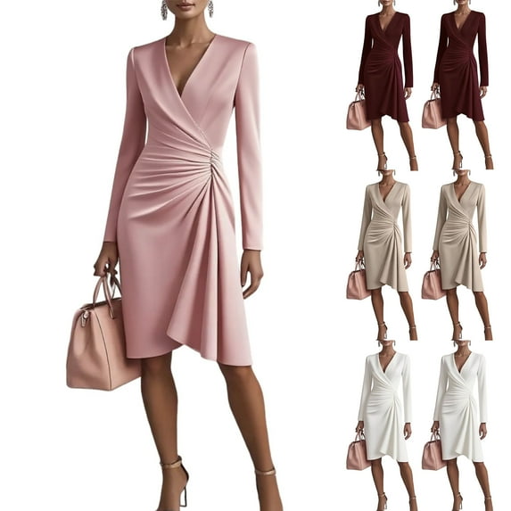 Women's Solid Color Bodycon Skirt Long Sleeve V-Neck Pleated Design Dress for Spring and Autumn Fashion and Slim Fit,Champagne,L