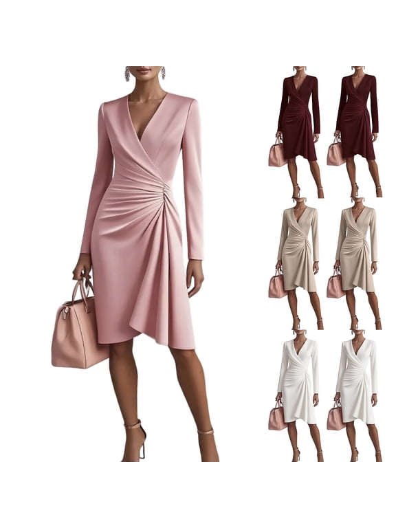 Women's Solid Color Bodycon Skirt Long Sleeve V-Neck Pleated Design Dress for Spring and Autumn Fashion and Slim Fit,Champagne,L