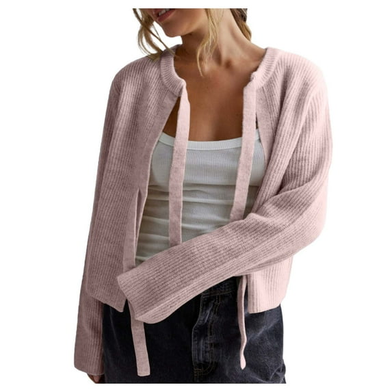 Women's Solid Color Bow Tie Cardigan Loose Long Sleeve Sweater Coat Casual Wear Comfortable Warm Knit Outerwear