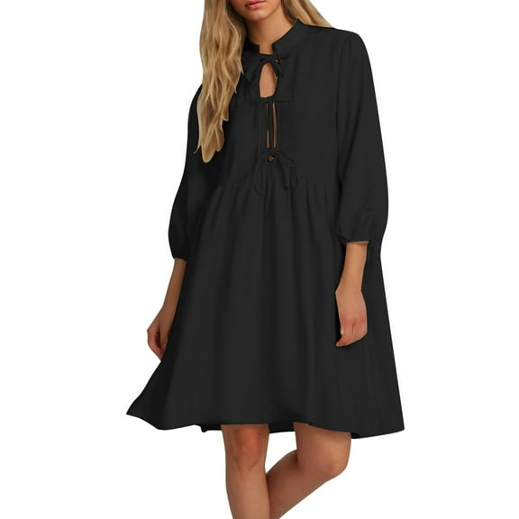 Women's Solid Color Bowknot 3/4 Sleeve Casual Dress With Pockets