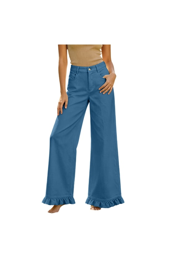 Women's Solid Color Boyfriend Ruffle Hem Wide Leg Jeans Casual Loose Mid Rise Flared Denim Pant Palazzo Blue S(S)