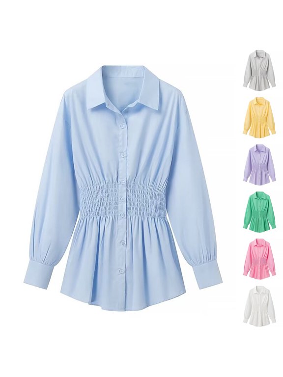 Women's Solid Color Button Down Blouse Top Shirt with Waist Pleated Detail Long Sleeve Lapel Collar Business Casual Office Work Daily Wear Fashion Essential Gift for Women