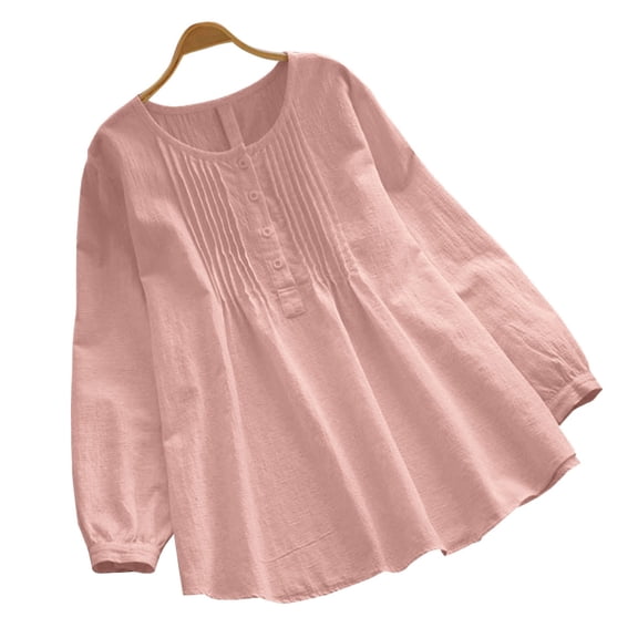 Women's Solid Color Button Collar Loose Linen-Blend Casual Top - Pink - XXXXL