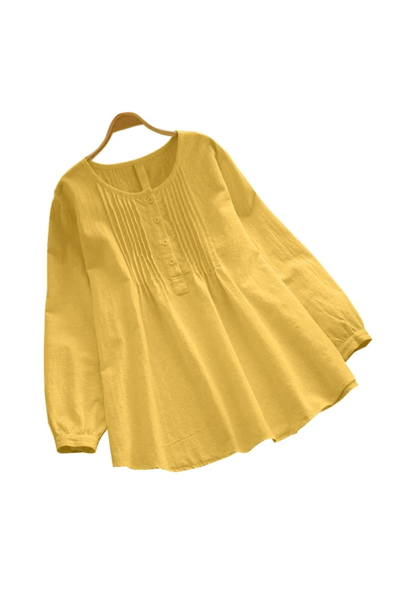 Women's Solid Color Button Collar Loose Linen-Blend Casual Top - Yellow - M