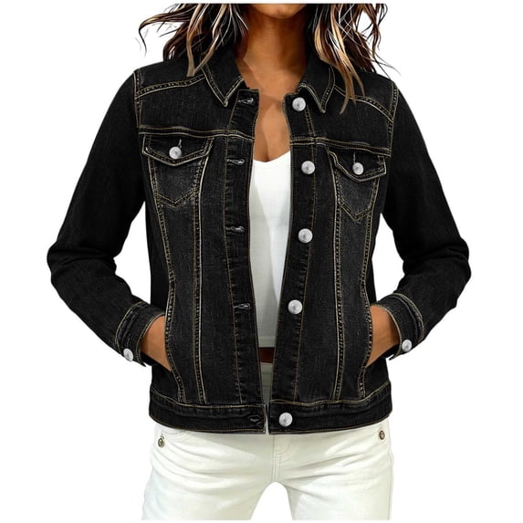 Women’s Solid Color Button Down Denim Jacket Lapel Collar Long Sleeve Coat with Multiple Pockets for Street Wear Black