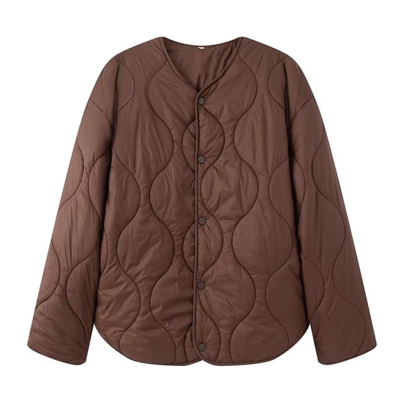 Women's Solid Color Button Down Jackets Lightweight Quilted Puffer Padded Coat V Neck Long Sleeve Warm Outwear