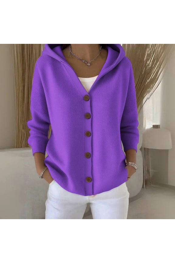 Women's Solid Color Button Front Hooded Cardigan, Knit Open Front Sweater, Casual Long Sleeve Cover Up, Soft Comfortable Loungewear, Autumn Winter Layering Piece, Everyday Relaxed Fit Purple XXXL