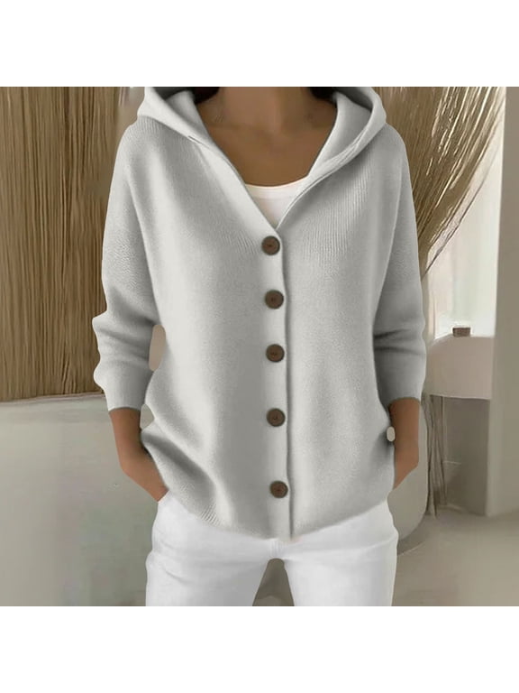 Women's Solid Color Button Front Hooded Sweater,Casual Open Cardigan Jacket with Cozy Fabric,Long Sleeve Loungewear Essential for Autumn and Winter Daily Wear,Soft Comfortable Outerwear Light Ashy