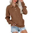 thumbnail image 1 of Women's Solid Color Button Front Lapel Collar Pocket Sweatshirt, Long Sleeve Pullover Crewneck Top for 2025 Fall Winter Fashion, Plus Size Casual Wear and Daily Comfort Brown L, 1 of 3