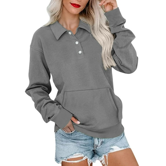 Women's Solid Color Button Front Lapel Collar Pocket Sweatshirt, Long Sleeve Pullover Crewneck Top for 2025 Fall Winter Fashion, Plus Size Casual Wear and Daily Comfort Grey XXL