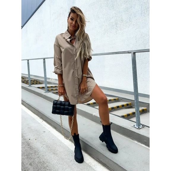 Women's Solid Color Button Front Shirt Dress - Casual Long Sleeve Lapel Dress for Spring & Fall