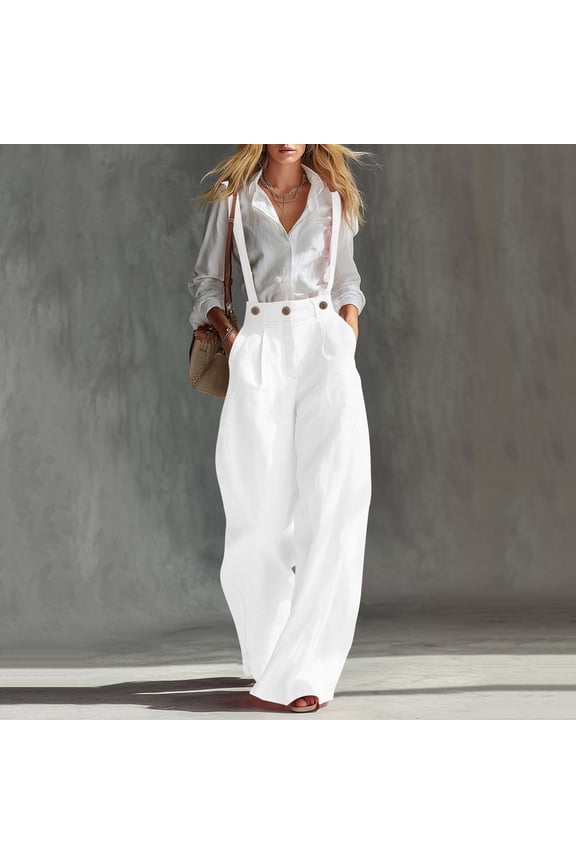 Women's Solid Color Button Strap Overalls Wide Leg Jumpsuit White XXL