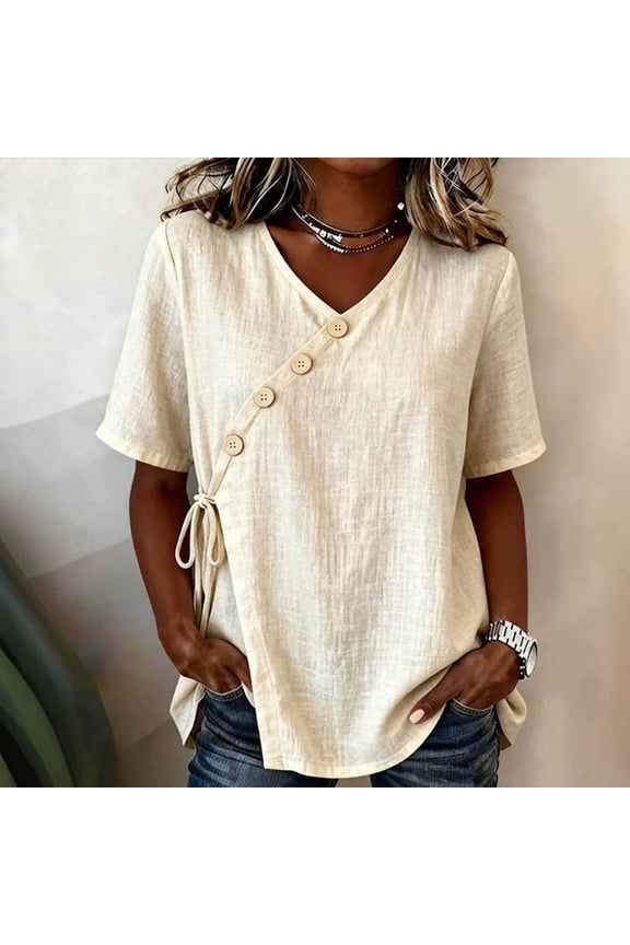 Women's Solid Color Button Tie Side Asymmetric Front Short Sleeve Blouse, Casual Summer Top for Daily Wear, Lightweight and Breathable, Soft Cotton Blend Beige L