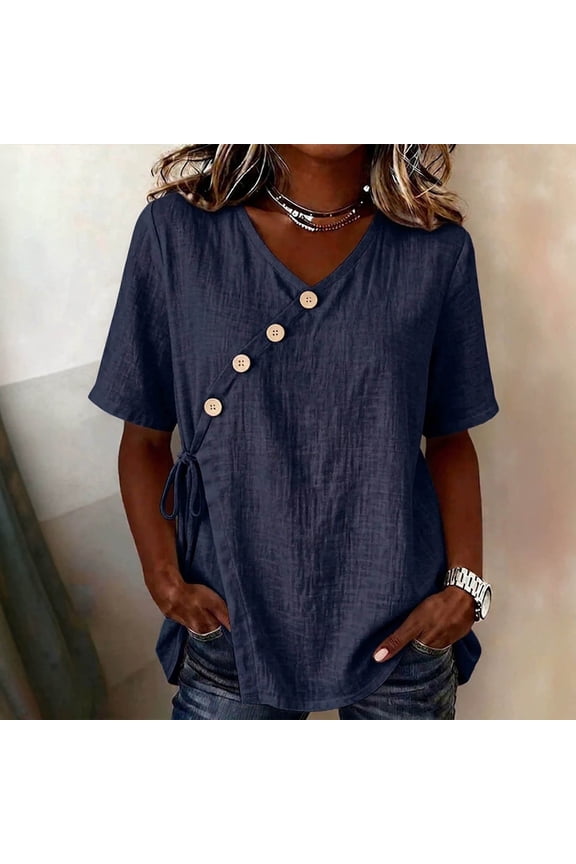 Women's Solid Color Button Tie Side Asymmetric Front Short Sleeve Blouse, Casual Summer Top for Daily Wear, Lightweight and Breathable, Soft Cotton Blend Navy L