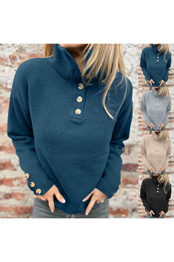 Women's Solid Color Button Turtleneck Pullover Sweater Tops Blouses Shirts Crewneck Long Sleeve Loose Fit Soft Knit Casual Daily Wear Work Office Vacation Fashion Essential Gift for Women