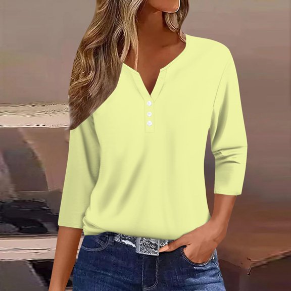 Women's Solid Color Button Up Shirt with Three Quarter Sleeves - Soft Casual & Work Wear Comfort Top for Everyday, Office, Commuting