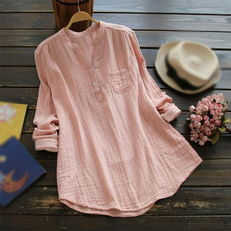 Women's Solid Color Buttons Stand Collar Long Sleeves Casual Shirt Blouse  V-Neck Tops