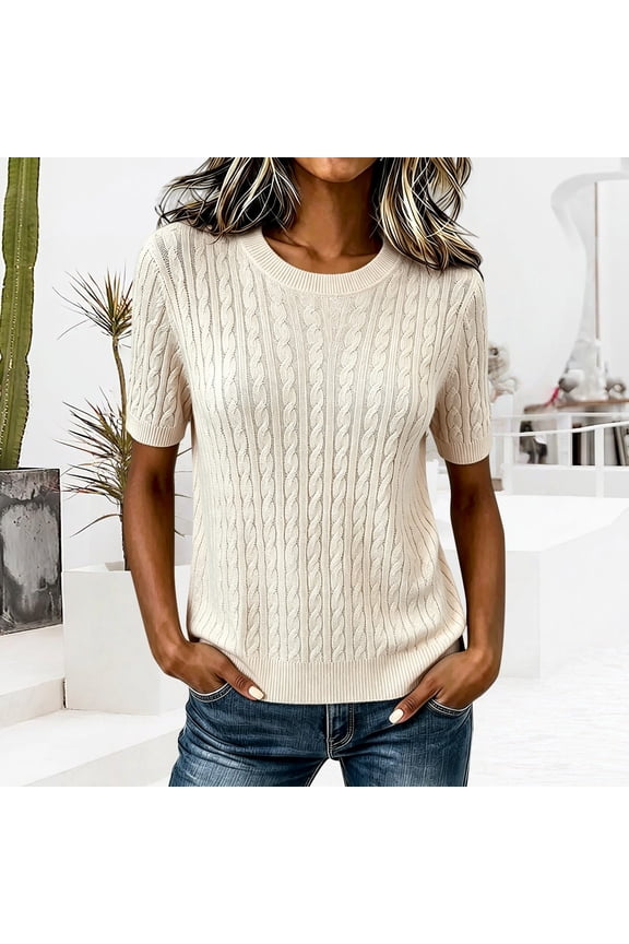 Women's Solid Color Cable Knit Pullover Sweater, Plus Size Crew Neck Short Sleeve Chunky Top, for Spring Summer Daily Wear or Casual Cozy Outings Beige L