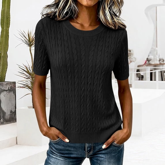 Women's Solid Color Cable Knit Pullover Sweater, Plus Size Crew Neck Short Sleeve Chunky Top, for Spring Summer Daily Wear or Casual Cozy Outings Black XXXL