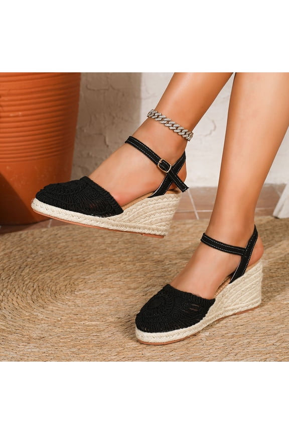 Women's Solid Color Canvas Closed-Toe Wedge Heel Woven Sandals Breathable, Non-, Lightweight, Comfortable Casual Summer Dressy Walking Shoes Black 38