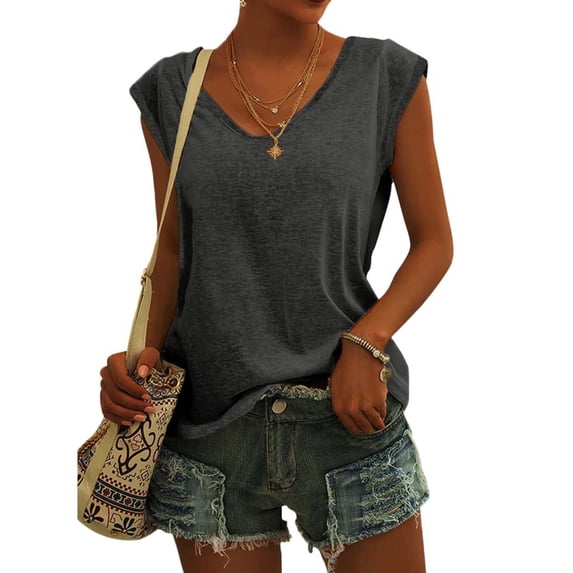 Women's Solid Color Cap Sleeve Blouses Casual Loose Fit Basic Tank Tops Soft T-Shirt