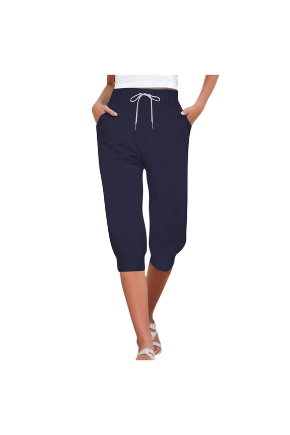 Women's Solid Color Capris High Waist Drawstring Casual Pants - Baggy Loose Tunic Style, Lightweight Polyester, Suitable for Daily Office Parties - All Seasons