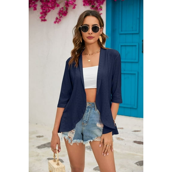 New Women's Solid Color Cardigan Jacket Three Quarter Sleeve Ruffled Top