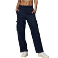 thumbnail image 1 of Women's Solid Color Cargo Pants, Elastic Waist, Straight Leg, Multiple Pockets, Button Closure, Fall Casual Long Trousers, 1 of 5
