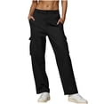 thumbnail image 1 of Women's Solid Color Cargo Pants, Elastic Waist, Straight Leg, Multiple Pockets, Button Closure, Fall Casual Long Trousers, 1 of 5