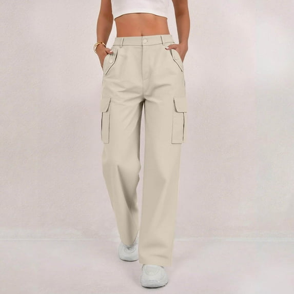 Women's Solid Color Cargo Pants, High Waisted Stretchy Wide Leg Trousers with Multiple Pockets, Casual Comfort Fit Streetwear for Outdoor Activities Beige