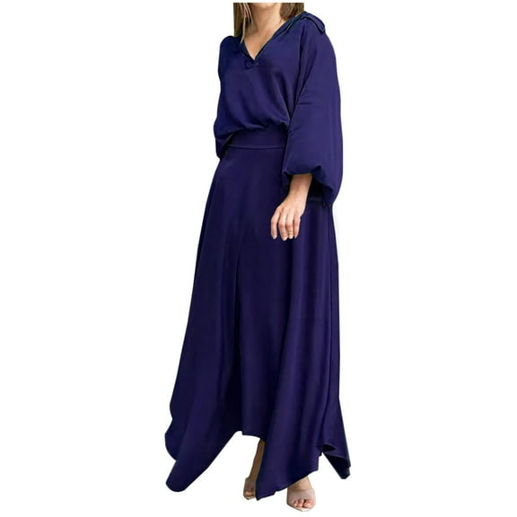 Women's Solid Color Casual 2 Piece Puff Sleeve Hooded Tops HigH Waist Skirts Sets Trendy Loose-Fit Comfy Outfits Suits