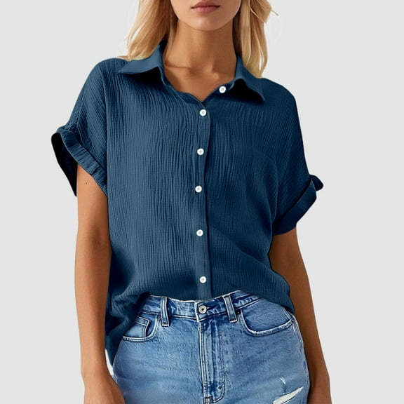 Women's Solid Color Casual Batwing Sleeve Button Pocket Short Sleeve Shirt Rayon Tops for Women Casual Tops for Women Womens V Neck T Shirts Loose Fit Womens Button down Shirts Solid Womens T Shirts