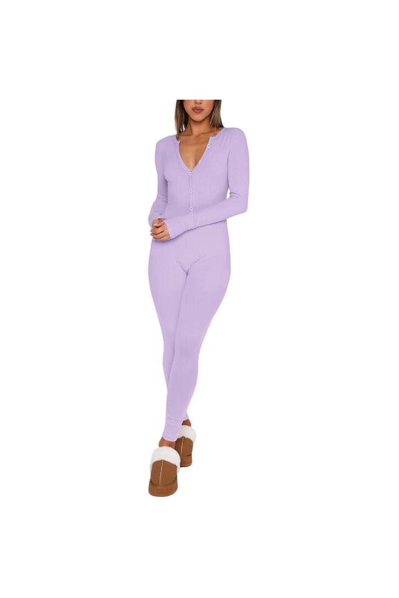 Women's Solid Color Casual Button Half Neck Slim Knit Thread Long Sleeve Jumpsuit Body Suit Women Womens Long Sleeve Body Suit Denim Jumpsuit for Women Long Sleeve Wedding Attire for Women Guest