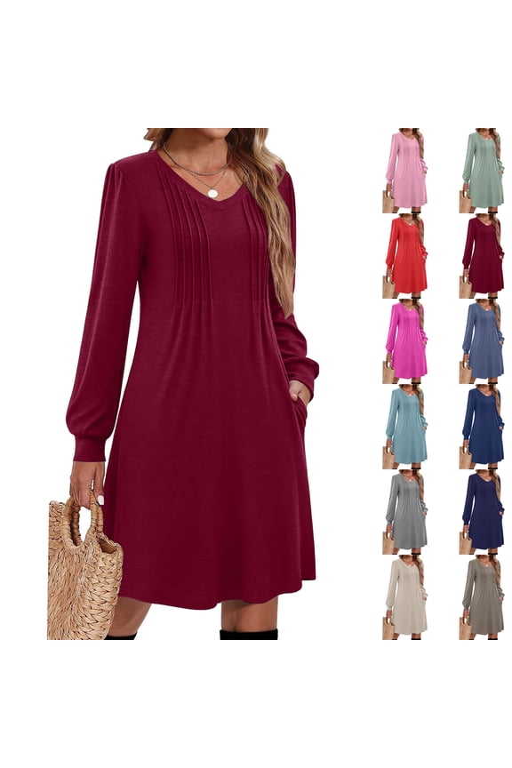Women's Solid Color Casual Fashion V-Neck Long Sleeve Mid Length Dress for Spring and Autumn Everyday Wear,Dark Gray,L