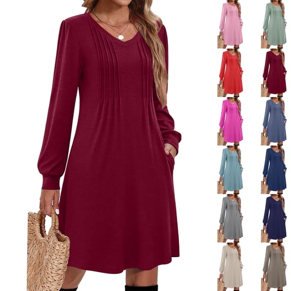 Women's Solid Color Casual Fashion V-Neck Long Sleeve Mid Length Dress for Spring and Autumn Everyday Wear,Pink,S