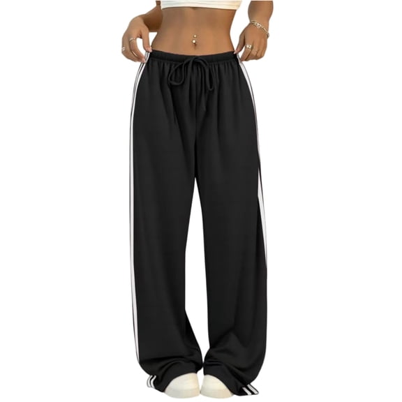 Women's Solid Color Casual High-Waisted Loose-Fit Athletic Pants with Side Stripes, Sporty and Comfortable Trousers for Exercise and Casual Wear,Black,L