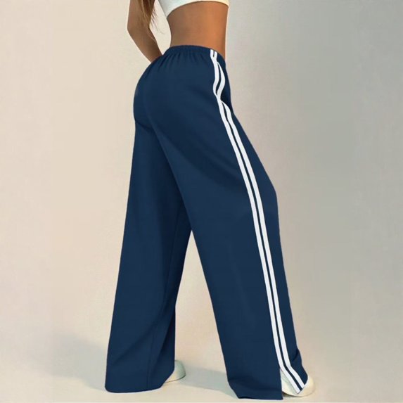 Women's Solid Color Casual High Waisted Loose Fit Athletic Pants with Side Stripes, Sporty Sweatpants, Elastic Waist Joggers for Running Yoga Women's Trousers,Navy,L
