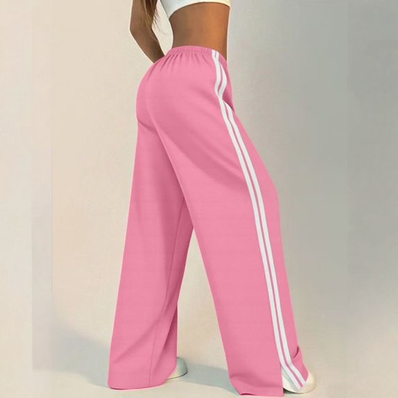 Women's Solid Color Casual High Waisted Loose Fit Athletic Pants with Side Stripes, Sporty Sweatpants, Elastic Waist Joggers for Running Yoga Women's Trousers,Pink,XL
