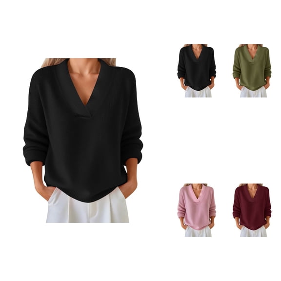 Women's Solid Color Casual Knit V Neck Loose Sweater