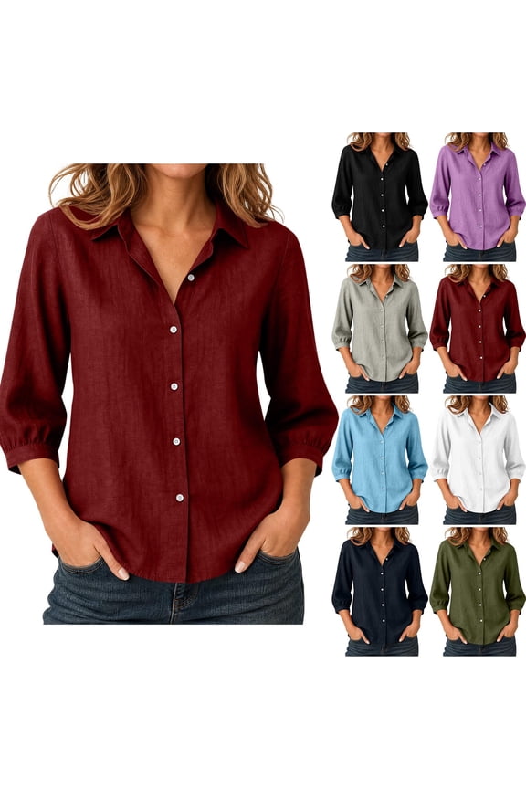 Women's Solid Color Casual Linen Blend Blouse Collared 3/4 Sleeve Button Up Shirt Wine XL(XL)