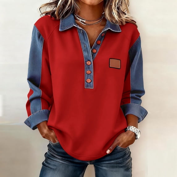 Women's Solid Color Casual Long Sleeve Lapel Button Denim Splicing Sweatshirt Top